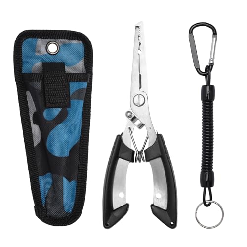 KQDRAVINE Alicates de pesca de acero inoxidable negro, alicates de pesca, desenganche de anzuelos, alicates y tijeras de pesca, alicates de anillo de detonación, pinzas inoxidables, con cuerda de