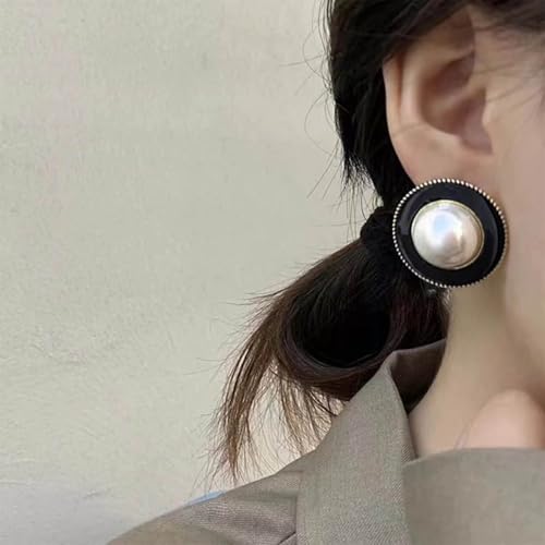 Vintage Pearl Black Enamel Earrings Large Round Pearl Stud Earrings Pearl Statement Earrings Exaggerated Pearl Button Earrings Jewelry for Women2