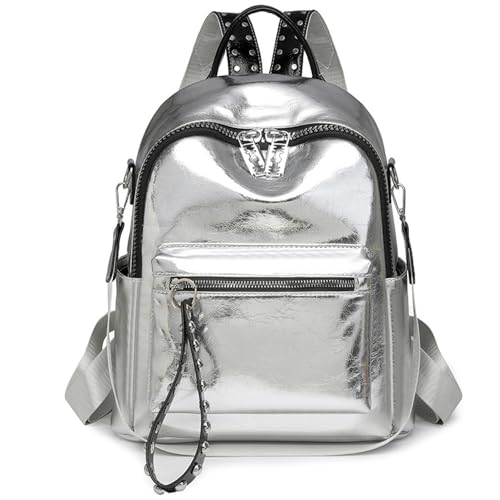 Image of Downupdown Women's Fashion Backpack with Rivet,Crossbody & Top Handle,Shiny Faux Leather Daypack for Casual,Travel&Nightlife-Silver