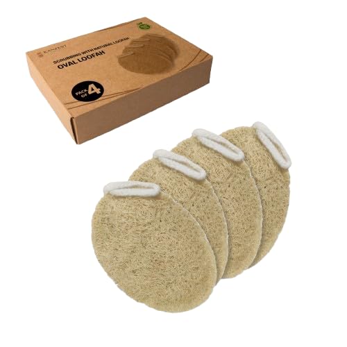 KANZEST Oval Shape Natural Loofah For Bathing - Pack of 4 | Eco Friendly Loofah Scrub For Bathing | 100% Biodegradable & Easy to Carry | Loofah With Handle For Bathing