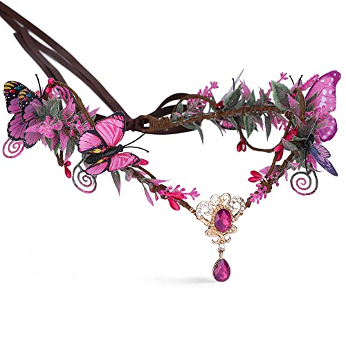 MOSTORY Handmade Fairy Butterfly Crown Pink Elf Headpiece Woodland Floral Headband Elven Circlet Tiara for Women s Halloween Renaissance Wedding Cosplay Pink