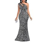 Cololura Women Sexy Sequin Elegant One Shoulder Tassel Mermaid Bodycon Cocktail Evening Dress Black Silver