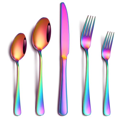 PHILIPALA 20 Piece Rainbow Silverware Set, Stainless Steel Flatware Set for 4 Colorful Cutlery Utensil Set Include Knife Fork Spoon Food Grade Mirror Polished Dishwasher Safe
