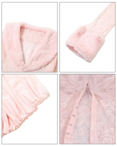 Image of Women Sexy 2 Piece Outfits Rave Tie-up Feather Trim Fur Long Sleeve Cardigan Deep V Blouse