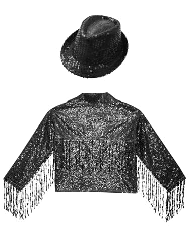Kids Girls Boys Latin Hip Hop Dance Outfits Long Sleeve Cardigan Shiny Glitter Sequin Tassle Jacket Coat with Hat4