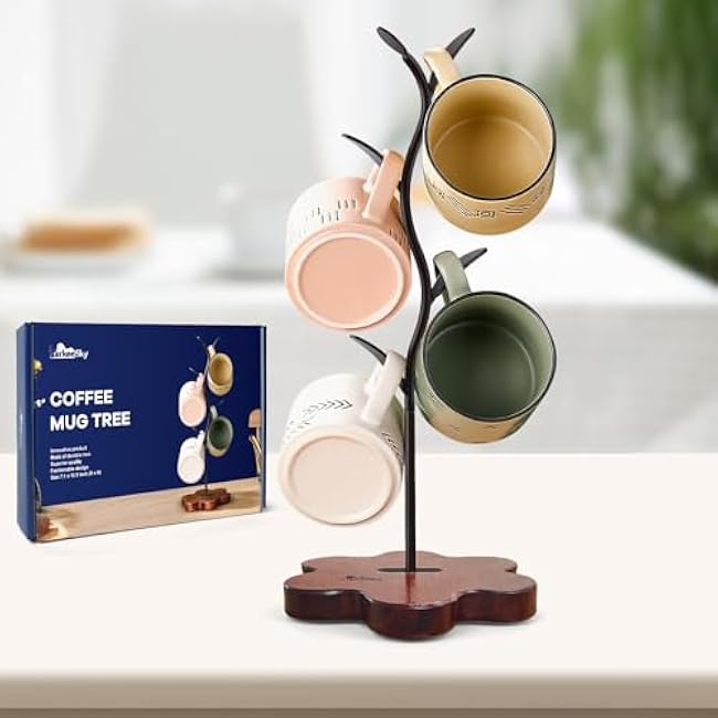 Coffee Mug Holder, Mug Tree for Counter, Leaf Shaped with Wooden Base, Mug Rack Countertop, Coffee Counter Bar Accessory & Kitchen Organizer