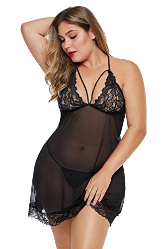 XAKALAKA Women's Plus Size Lace Babydoll Chemise Sleepwear Back Crisscross Lingerie Set Black XXXL