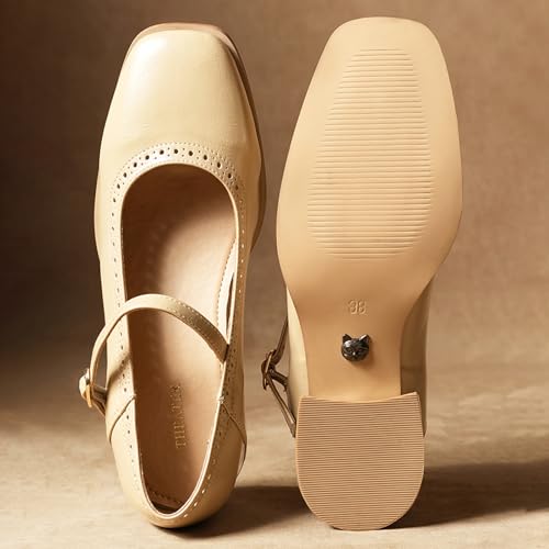 Image of Theater Miss Newton Mary Jane Block Heels with Vintage Textured Detailing for Women | Adjustable Cross-Strap Buckle and Comfort Sole for Office, Formal