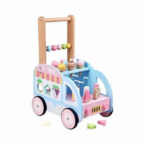 NYHGOXM アンパンマン 木製 知育玩具 ベビーファーストウォーカー 手押し車 カタカタ アイスクリーム遊び 多機能 ロッキングチェア 付き 赤ちゃん 1歳 誕生日プレゼント 男の子 女の子 (青 ピンク)