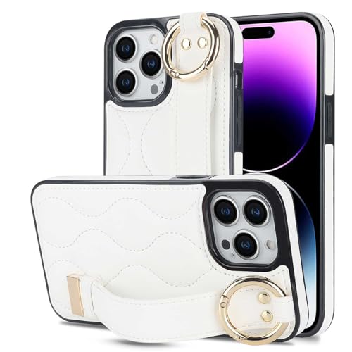 Coque iPhone 15 Pro Max en cuir matelassé blanc avec bracelet antichoc