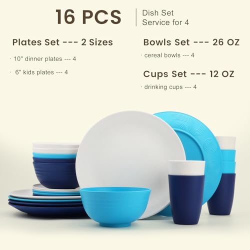 Image of Homienly Premium Wheat Straw Dinnerware Sets, Plates and Bowls Sets,Cups,Alternative to Plastic Plates Service for 4, Dishwasher and Microwave Safe 16 PCS Dish Sets for Home,Camping - Island