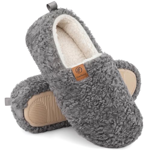 EverFoams Women’s Soft Curly Full Slippers Memory Foam Lightweight House Shoes Cozy Loafer with Polar Fleece Lining Grey,7-8 US