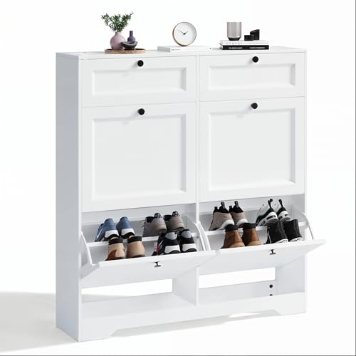 Xbro Meuble à Chaussures étroit avec 4 Abattants, 2 Tiroirs Supérieurs, Cloison Centrale Réglable sur 2 Positions, Rangement Gain de Place, 95 x 24 x 101...