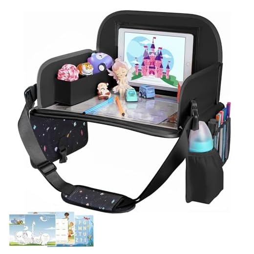 MENZOKE Kids Travel Tray, Road Trip Activities for Kids with Dry Erase Board & Cooler Cup Holder, Toddler Car Activities with No-Drop iPad Holder Stand, Roadtrip Essentials for Toddlers, Black