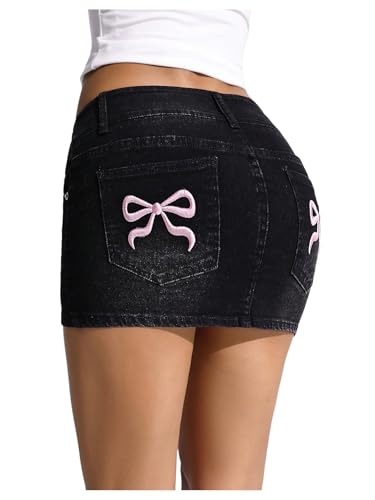 Floerns Women's Bowknot Denim Skirt Stretchy Low Rise Bodycon Mini Skirts
