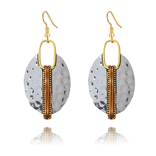 MALOYANVE Handmade Boho Hammered Earring for Women Unique Chic Trendy Vintage Bohemian Ethnic Classic Texture Lightweight Oval Dangle Drop Statement Earrings Jewelry Gifts