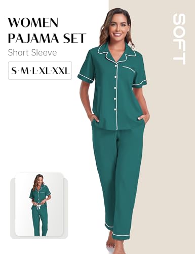 Image of COLORFULLEAF Women's 100% Cotton Pajamas Set Button Down Sleepwear Short Sleeve Shirt and Long Pants Soft Ladies Lounge Sets