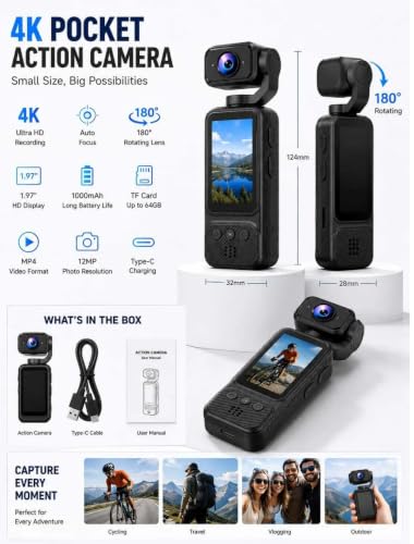 Image of Pocket Action Camera 4K Recording Handheld 1.97 Inch Screen HD Vlog for Cycling Sports and Action Camera (Multicolor, 12 MP)