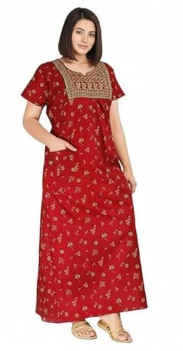 Image of NILOUFO Women's Cotton Jaipuri Nighty Gown - Pack of 2 Rajasthani Print Night Dresses | Maxi Sleepwear with Pocket | Soft Embroidered Loungewear for Ladies