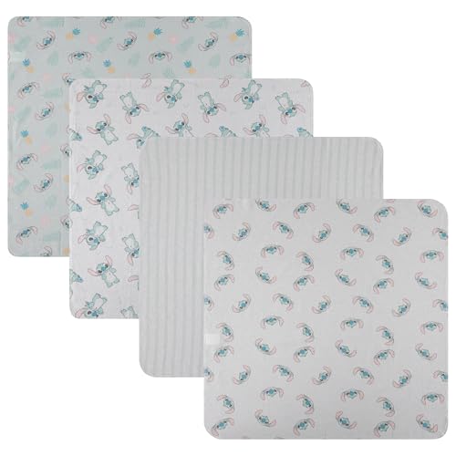 Image of Disney Baby 4-Pack Receiving Blankets — 100% Cotton Flannel, 28" x 28" — Available in Mickey, Minnie, Pooh, Stitch or Angel — Soft Swaddle, Burp & Stroller Blankets — Gift-Ready with Ribbon Bow