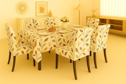 Image of Homerz Premium 6 Seater Dining Table Cloth with 6 Dining Chair Covers,Elastic Fitted Chair Slipcovers, Printed Polycotton Fabric, Table Cloth Size 60x90 inch (Stem)