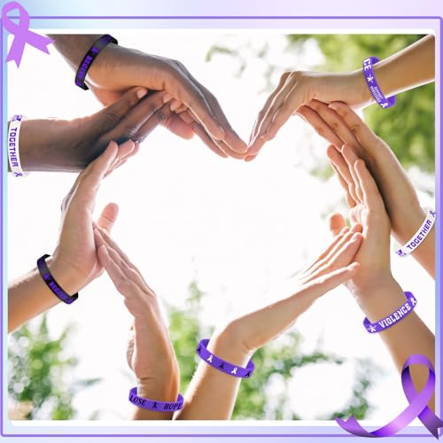 Image of Landical 120 Pcs Domestic Violence Awareness Bracelets Bulk End Domestic Violence Silicone Wristbands Purple Ribbon Awareness Bracelets