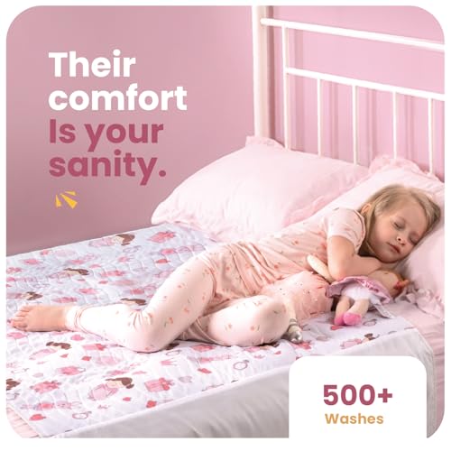 Image of IMPROVIA Pee Pads for Kids - Bed wetting Pads for Kids Potty Training Bed mats for Toddlers Waterproof Reuseable Washable Absorbent, Non Slip - Doll Design - Full Size 34 inchx52 inch