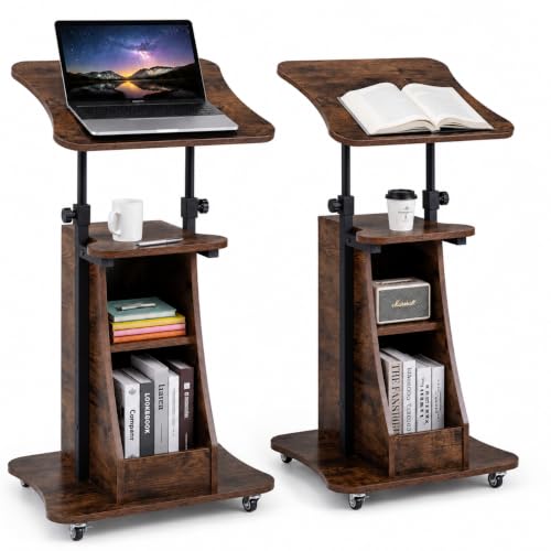 Image of POWERSTONE 2PCS Sit to Stand Mobile Lectern Podium Stand Rustic Brown | Rolling Laptop Desk Cart with Shelves, Swivel Top, Height Adjustable, for Classroom Concert Church