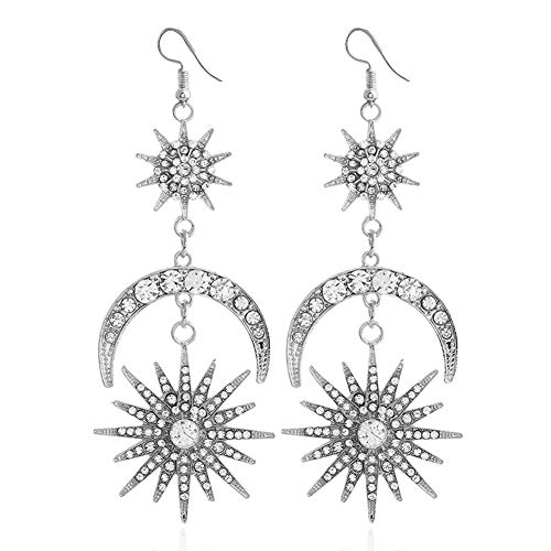 Sun Moon Stars Drop Earrings Exaggerated Luxury Rhinestone Punk Earrings for Women Jewelry Set Golden Boho Vintage Earrings (Silver)