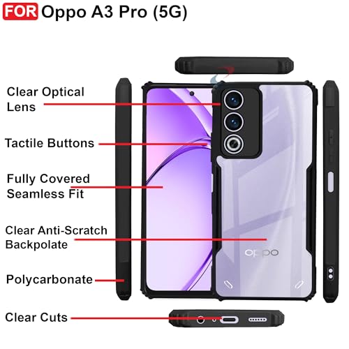 Image of CEDO Backcover for Oppo A3 Pro (5G) | Camera Protection Shockproof Bumper-Edge | Acrylic Crystal Clear 360 Degree Protection TPU+PC | Transparent Eagle Back Case Cover (Black)