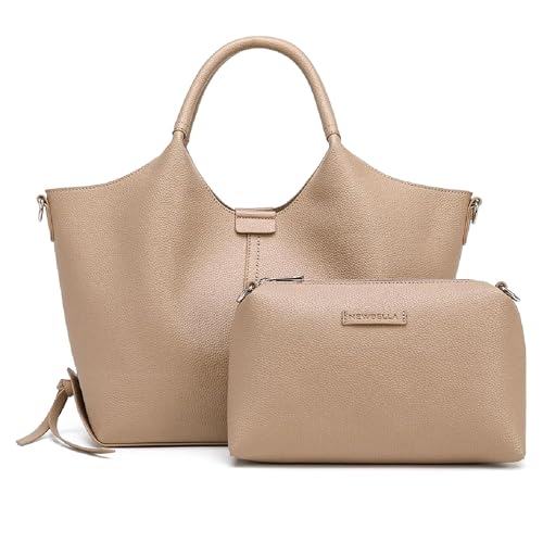 NEWBELLA Women's Vegan Leather Tote Bag 2-Piece Set, Fashion Top Handle Purse with Buckle Design, Solid Color Shoulder Bag for Work, Travel & Daily Use (Apricot)