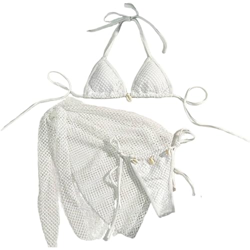 Womens 3 Piece Swimsuits Halter Triangle String Bikini Sets with Warp Skirt Cheeky Swimwear Fishnet Bathing Suit White