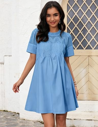 Image of Shiyifa Womens Babydoll Lace Patchwork Dresses Summer Short Sleeve Ruffle Sundress Loose Crew Neck A-Line Dresses