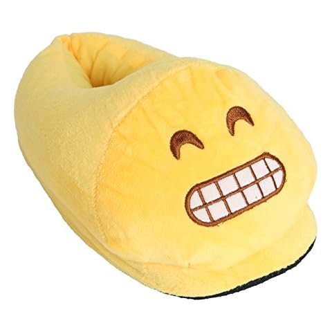 Unisex Ladies Mens Kids Girls Boys Antislip Emoji Plush Mule Slipper Soft Cute Indoor Slippers Winter Warm (Grin) Yellow Cover