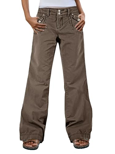Flamingals Straight Leg Pants for Women Mid Rise Baggy Cargo Solid Dual Button Patch Pocket Casual Pants