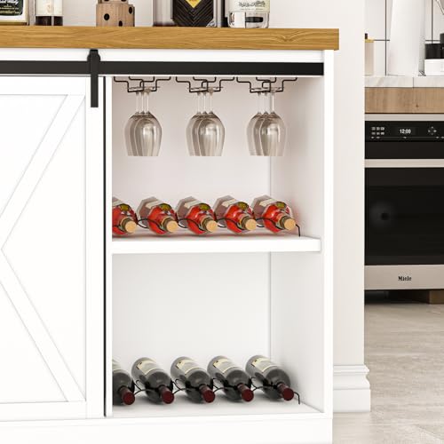 Image of 49.2 inch Coffee Bar Cabinet with Mini Fridge Space, Farmhouse Wine Bar Cabinet with Barn Doors, Fridge Cabinet with Power Outlet, Wine Rack, Glass Holder for Kitchen Dining Room Living Room, White