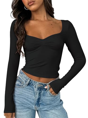 Women's Long Sleeve Going Out Crop Top Sexy Pleated Trendy Shirt