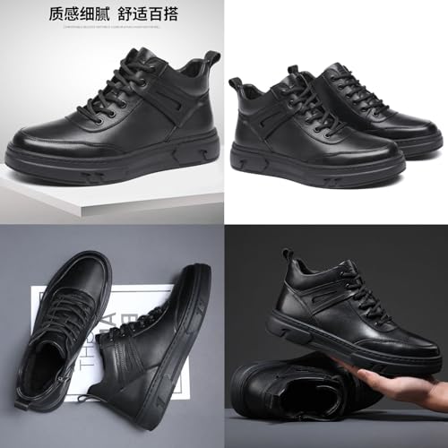 Men's Black High-top Casual Leather Boots,Round Toe Non-slip Shock-absorbing Side Zip Business Height Ankle Sneakers3
