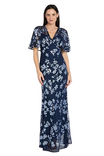 Image of R&M Richards Women's Long Beaded Floral Gown W /Sheer Capelet & Flutter Sleeves - Cocktail Party Evening Style