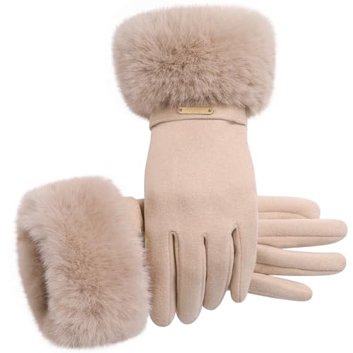 Nimalpal Winter Gloves Women - Elastic Faux Fur Cuffs Gloves for Women Touch Screen Thick Warm Lining Womens Gloves for Cold Weather