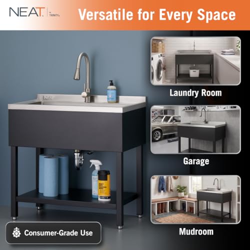 Image of Stainless Steel Utility Sink, Oversized Freestanding Single Bowl Utility Sink with Pull-Out Faucet, for Garage, Laundry Room, Shop, NSF Certified, 36 inchW x 20 inchD x 50 inchH, Black