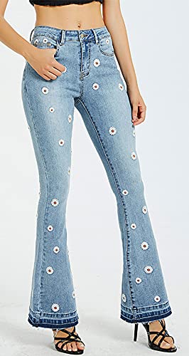 CHARTOU Women's Trendy Stretch Distressed Embroidered Wide Leg Denim Jeans Bell Bottom Flare Pants2
