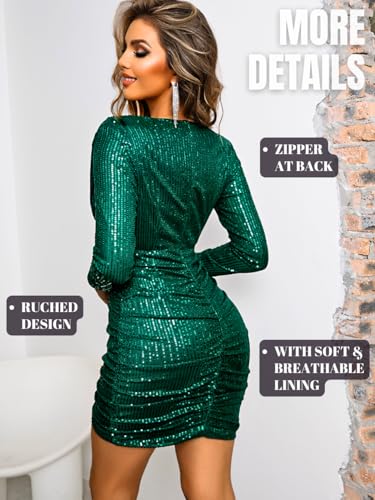 Kaei&Shi Sequin Cocktail Dresses,Deep V Neck Long Sleeve Mini Dress for Women,Sexy Sparkly Outfits Birthday Party Night Club3