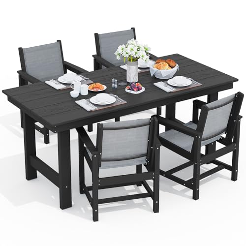 Image of SERWALL 5 Pcs HDPE Patio Dining Set with 1 Table & 4 Woven Chairs, Gray | HDPE Outdoor Dining Set with Rectangular Table & 4 Woven Chairs, All-Weather Patio Dining Furniture