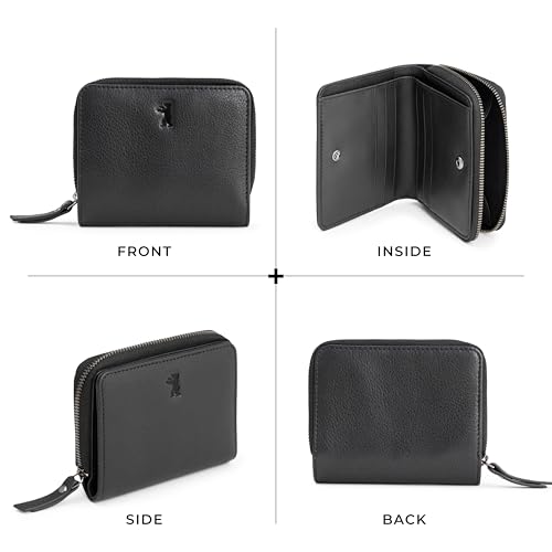 Image of BERLINER BAGS Genuine Leather Small Wallet Women Sara, Gift Box - Black | Soft Leather Bifold Zip Wallet, Fits Purses & Crossbody Bags, 8 Card Slots, Zipped Coin Pocket, RFID Blocking