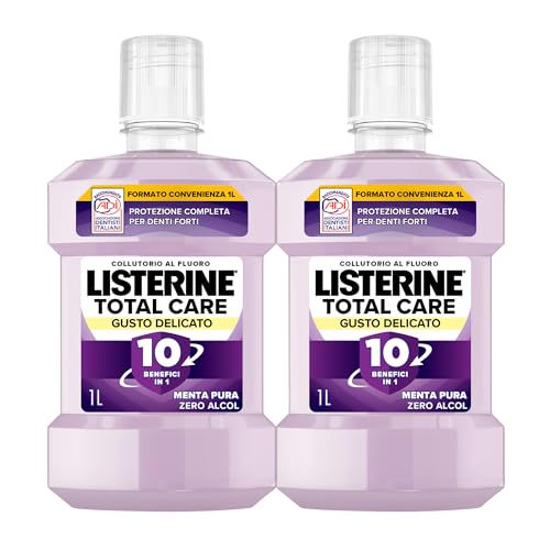 LISTERINE Total Care, Collutorio 0% alcol al gusto di Menta Pura, Collutorio senza alcool con 10 benefici in 1 per una protezione completa e denti più forti, 2x1L – Esclusiva Amazon