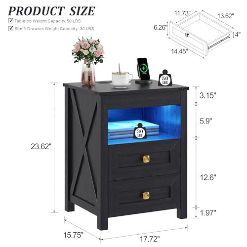 Image of FREDEES Gun Night Stand with LED Lights & Charging Station, Black | Human Sensor Lights, USB /Type-C /Wireless Charging Station, Smart Farmhouse Bedside Table