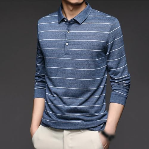 Mens Striped Business Casual Poloshirt Man Basic Long Sleeve T-Shirt Tops Gray M2