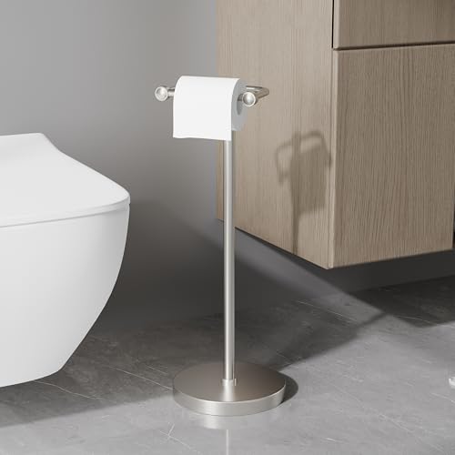 Image of RARXTR Toilet Paper Holder Stand, Post Pivoting Design Free Standing Toilet Paper Holder, SUS304 Stainless Steel Toilet Paper Roll Holder, Heavy Stable Base (Brushed Nickel)