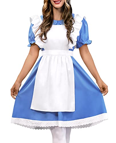 Spadehill Womens Halloween Lace Hemline Puff Sleeve Costume Adult Princess Cosplay Dress Blue White XXL